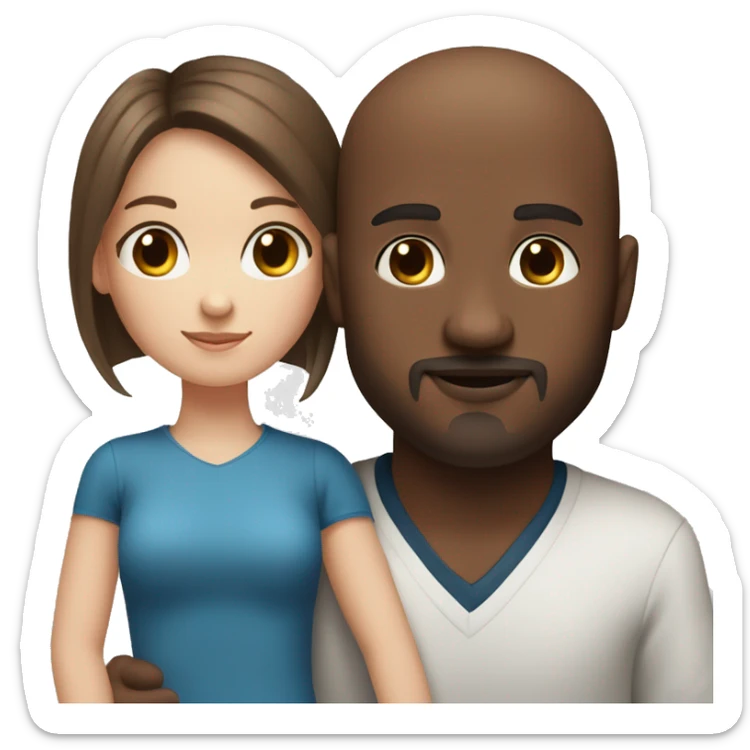 Beautiful Girl with blue eyes and long brown hair and boy with brown hair cuddling, Bald black man with goatee  sticker