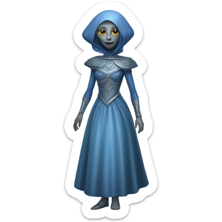 a gray alien woman, full body, in blue Romanov dress sticker