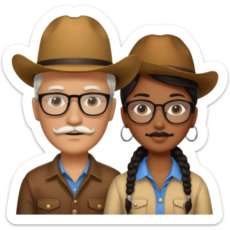 White brown cow boy with black glasses and mustache with a black black girl sticker