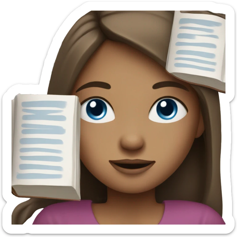 girl with long brown hair, blue eyes and book or laptop sticker