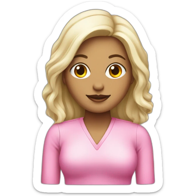 Mujer de piel blanca de cabello negro en un computador rosado sticker
