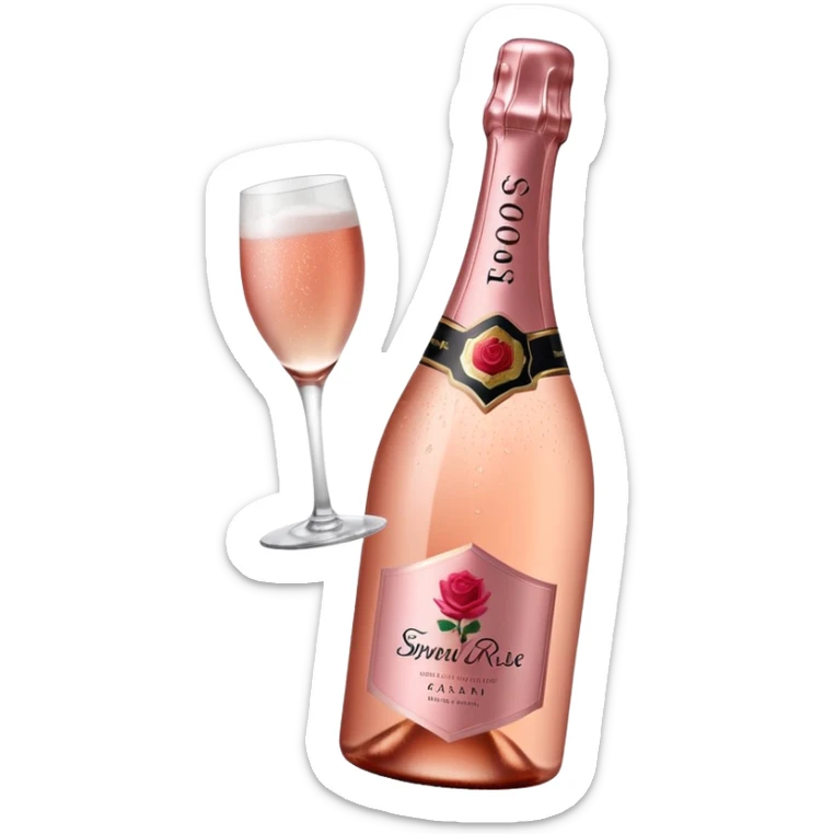 bottle of sparkling rosé champagne with a rose logo on the label, tilted up and to the left, no glass sticker