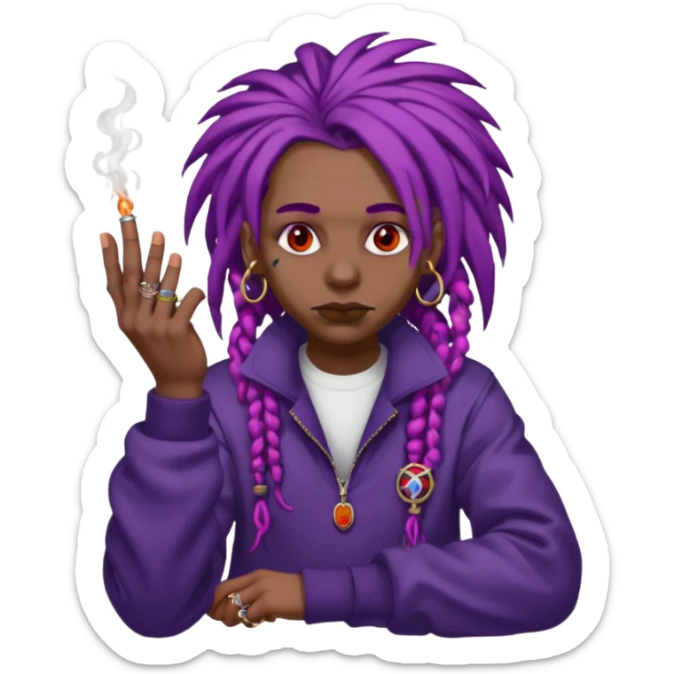 A purple weed smoking emoji with purple dreads, red eyes, hands full of rings, and wearing airforce1 shoes  sticker
