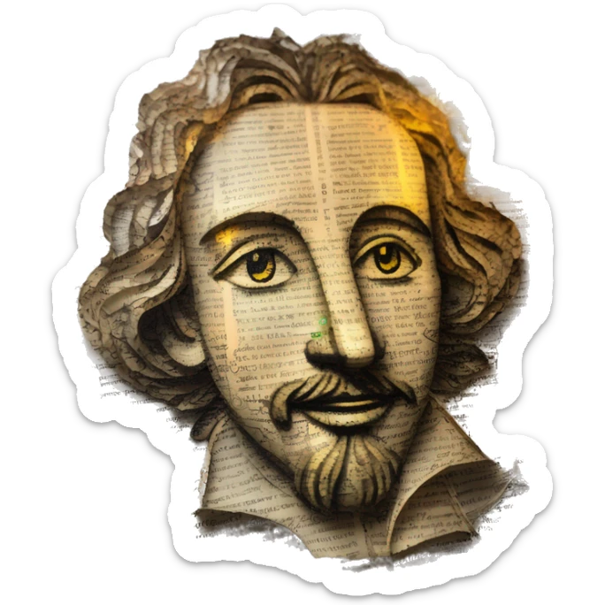 Glowing Shakespeare made of newspaper and 420 hemp leaves and bokeh fairy lights lanterns stained glass, bokeh, annotated sketch, handwritten letters, collage of intricate patterns, lantern sticker