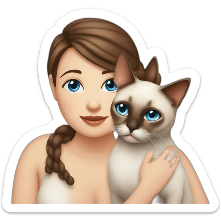 Blue-eyed fat girl with brown hair with siamese cat and miniature pincher sticker