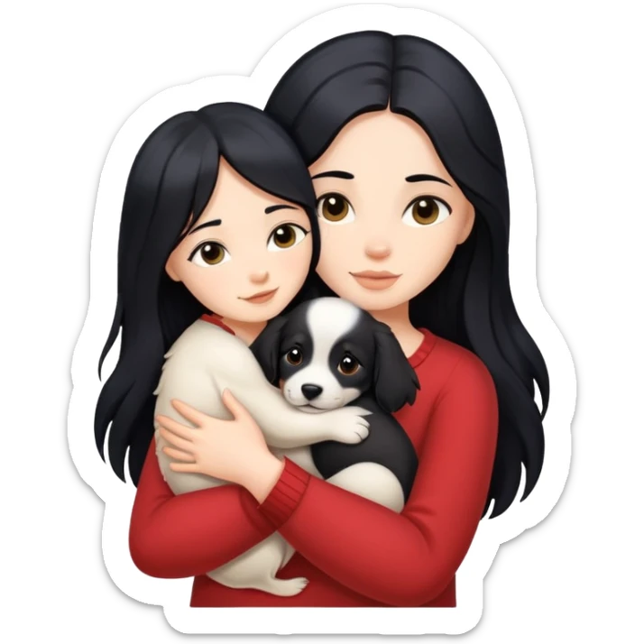 A woman with long black hair hugs a puppy tightly sticker