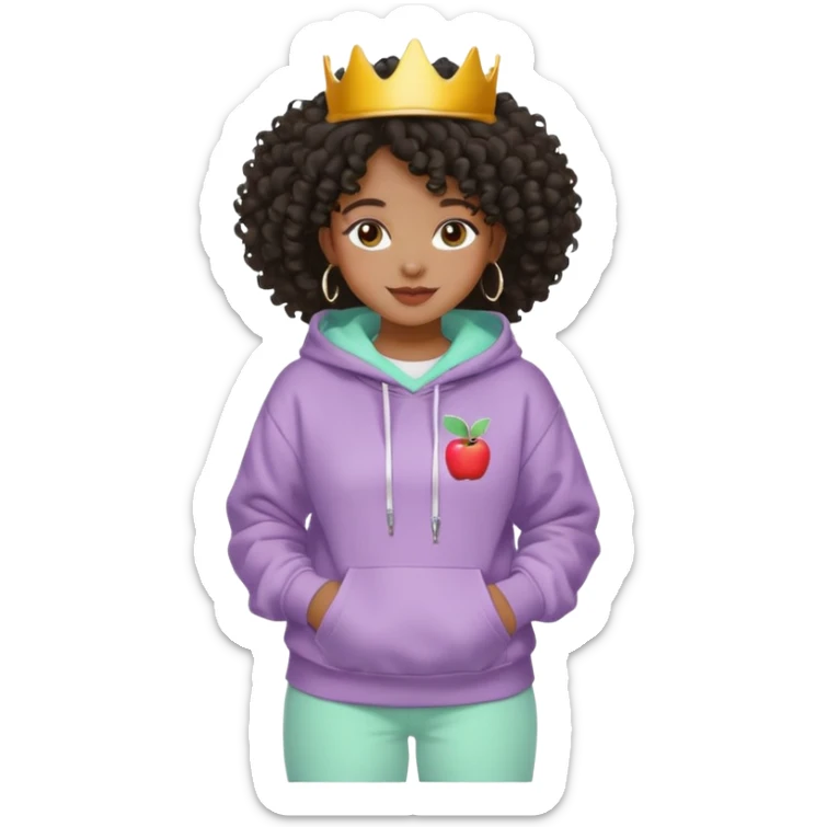 Black girl, clean girl aesthetic, 4C curly hair in a puff, pastel hoodie, white sneakers, minimal jewelry, soft smile, cozy vibe, bright colors, Apple-style emoji cru sticker