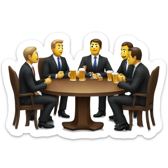 a business meeting of serious businessmen in suits at a round table, drinking beer. sticker