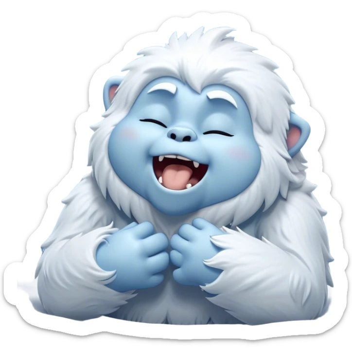 Cinematic Cute Yawning Yeti Portrait Emoji, with a charming, fluffy, snow-dusted figure in gentle whites and cool blues, head tilting back in a wide, endearing yawn with softly closed, peaceful eyes and a content little smile, simplified yet irresistibly adorable, highly detailed with a soft, frosty glow and outline capturing the serene slumber of a yeti! sticker