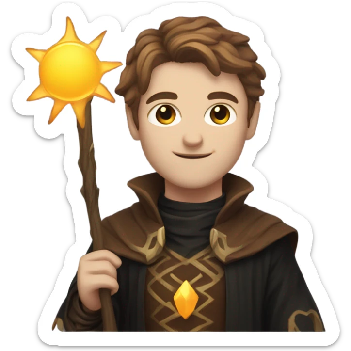 A sun warlock who is pale with brown hair and is holding a black kitten sticker