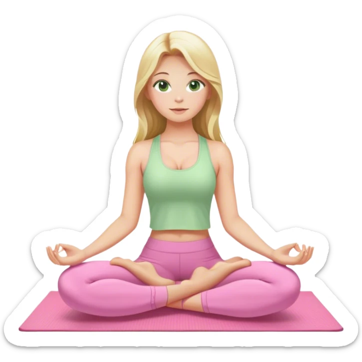 blonde long hair and green eyes yoga beautiful girl in light pink pink pink clothes sitting on a yoga mat sticker