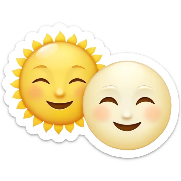 a really bright  big sun and a small moon who shines because of it. the sun is bigger and the tiny \moon bright too beside it smiling looking at each other sticker