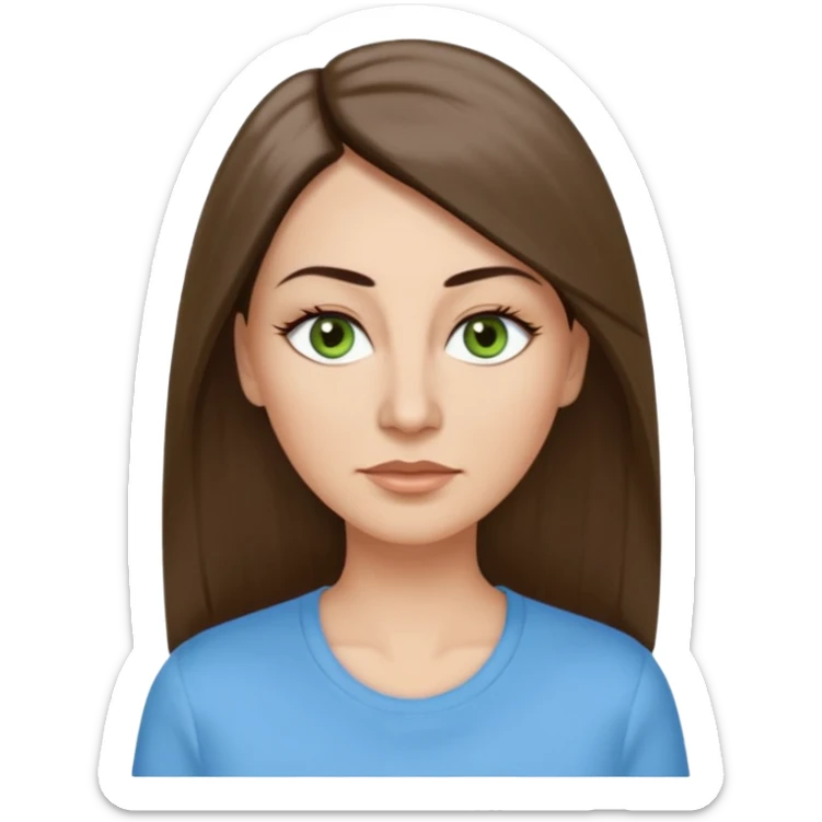 43. year old Adult woman avatar, light skin tone, long, oval face, long straight ashy brown hair, green almond-shaped eyes with dramatic eyelashes and minimal eyeliner, neutral mouth, medium straight eyebrows, small nose, smooth skin, sky blue shirt sticker