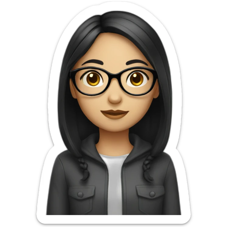 A girl wearing glasses with black hair and small eyes and round face sticker