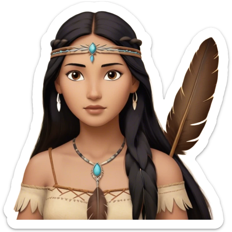 Cinematic Realistic Pocahontas Portrait, depicted with lifelike skin texture, soft natural lighting, and intricately detailed long, flowing raven-black hair that moves gracefully in the wind. Her deep, soulful dark brown eyes exude wisdom and strength, complemented by a serene yet powerful expression. She is shown gently holding a feather in one hand, her other hand resting lightly at her side, embodying the harmonious balance between nature and herself. She is dressed in her classic one-shoulder native American dress, with rich fabric textures and delicate beaded details that catch the light beautifully. The portrait features a soft, sun-kissed glow with a natural, radiant finish, capturing the essence of untamed beauty and deep connection to nature in a realistic and painterly style, evoking a sense of depth and authenticity. sticker