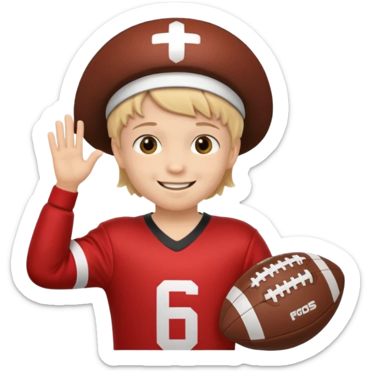 A child stands in a football costume, holding an actor's hat sticker