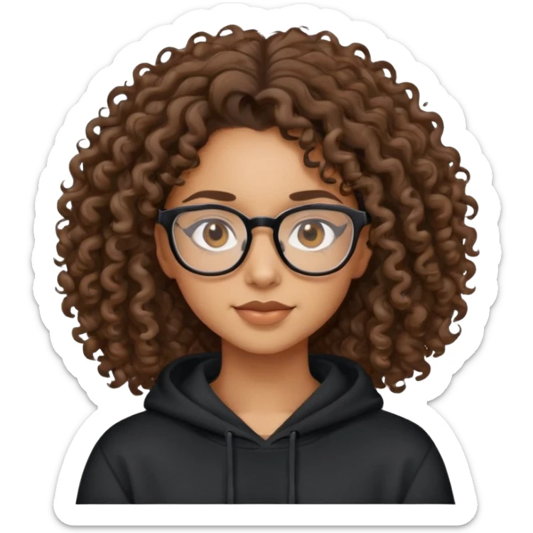 Mixed girl /curly long hair brown / with brown eyes glasses black sweat shirt  sticker