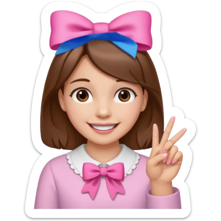 Chica con pelo marron sonriendo con un lazo rosa en la cabeza y con la punta del dedo indice entre los dientes con delicadeza y la otra mano que no salga en el emoji sticker