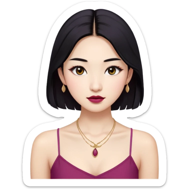 An Asian fair-skinned girl with long black hair (parted to the right side), with double eyelids, almond-shaped eyes, thick dark eyebrows, regular small nose, and natural regular lips. Makeup: dark eyelashes, raspberry color lipstick, and an eyeliner. Clothes: white spaghetti strap crop top and a golden modest necklace. No earrings. Emoji should be iOS style. sticker