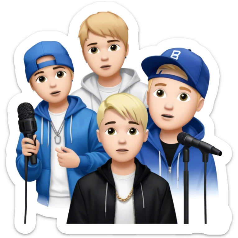 Pop music collage: Justin Bieber, Eminem, Ed Sheeran, and Billie Eilish in signature looks. Stage lights, microphones, and musical notes around them. Transparent background. sticker
