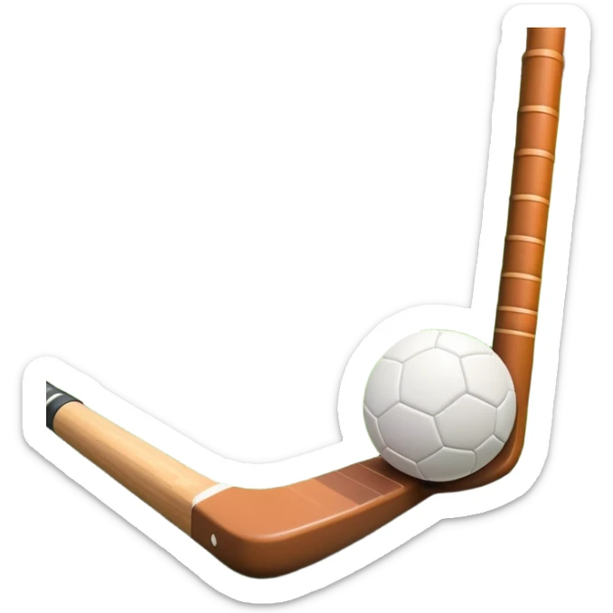 A field hockey stick and ball resting on a well-maintained green grass field, with the goalposts and markings visible in the background. The scene highlights the precision and focus of the sport, with the vibrant green pitch creating a dynamic atmosphere. sticker