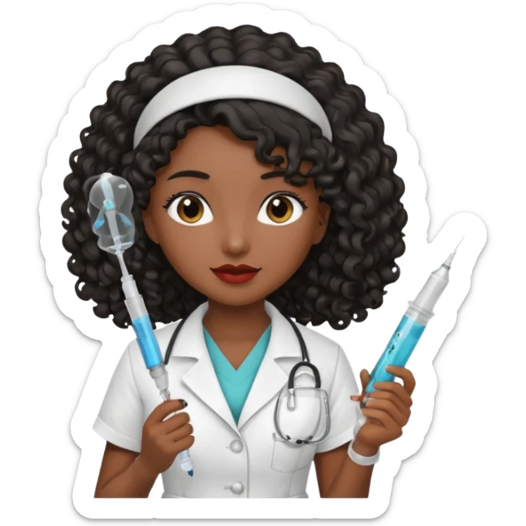 Tan girl with black long curly hair nurse holding syringe sticker