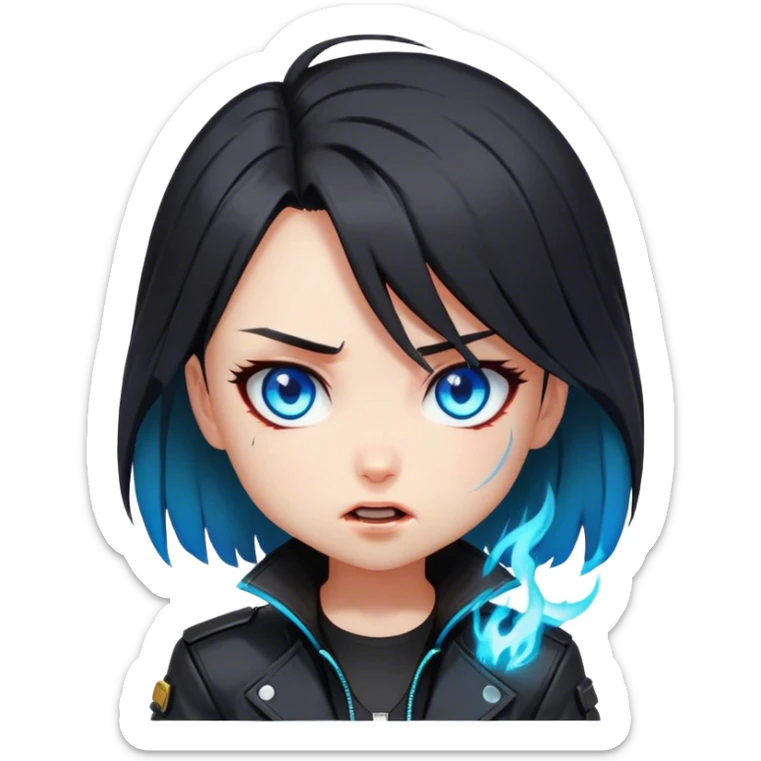 Black hair cyberpunk 2077 chibi girl with blazing blue eyes and black jacket. All emotion reactions sticker