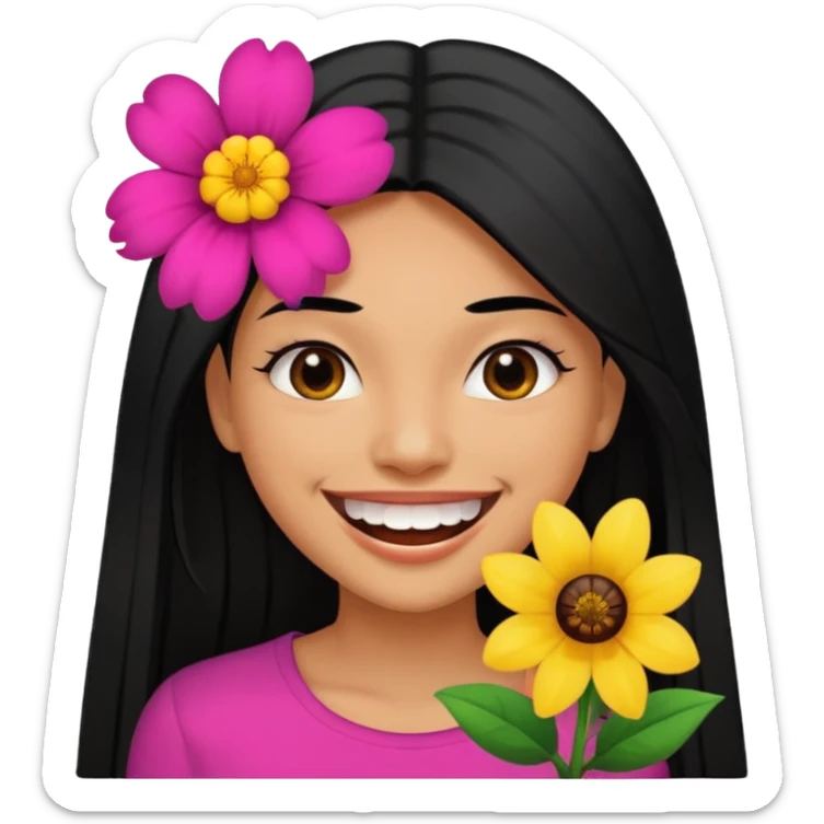 Woman with big teeth, a little tan and long straight black hairs with sticker