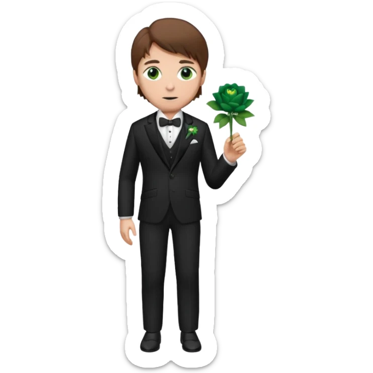 Chico blanco, pelo castaño, ojos verdes, traje boda oscuro y flor solapa , cuerpo entero sticker