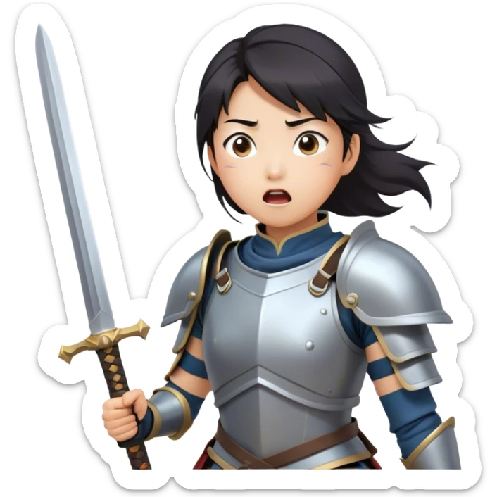 Cinematic Funny Mulan Portrait Emoji, Wearing her training armor too big, looking surprised as a sword nearly topples her over, a mix of warrior determination and hilarious inexperience, a comical yet endearing moment in her transformation! sticker