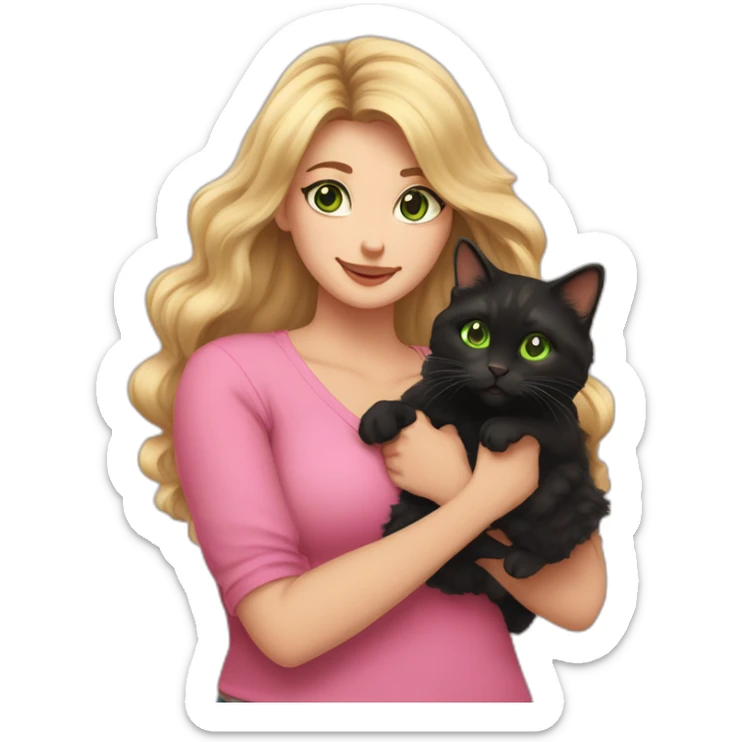 woman with green eyes and long wavy blonde hair and big boobs in a pink shirt is holding a very fluffy and fat black and tortoiseshell cat sticker