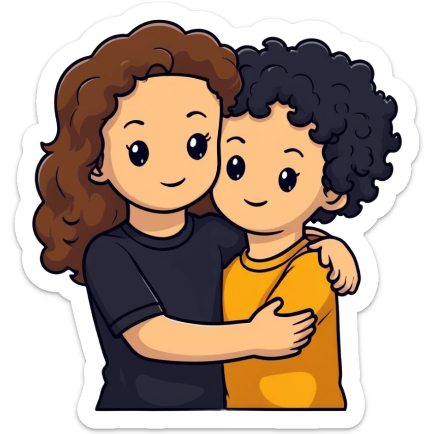 girl with long light brown hair and pale skin hugging a boy with black curly hair and tanned skin sticker