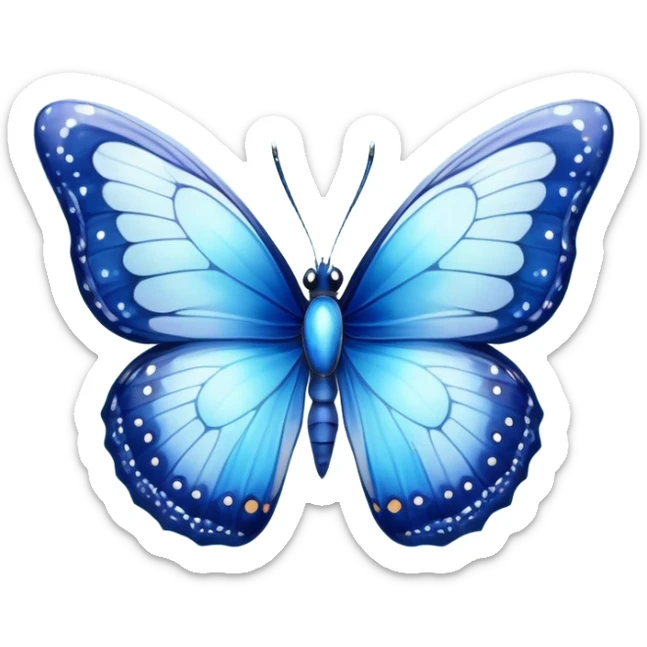 Cinematic Realistic Cute Blue Butterfly Portrait Emoji, Head tilted playfully and inquisitively, featuring beautifully patterned sapphire wings with intricate venation and a charming, petite body with round, sparkling eyes full of gentle curiosity, rendered with lifelike detail and warm natural highlights, high shine, affectionate and spirited, styled with a touch of whimsical garden magic, soft glowing outline, capturing the essence of a mischievous yet lovable blue butterfly that seems ready to flutter playfully into your arms! sticker