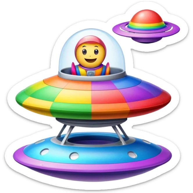 A colorful rainbow crayon character riding on top of a flying saucer UFO in space sticker