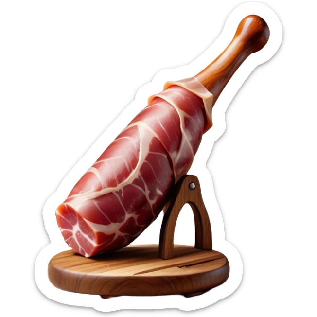 ​Cinematic Realistic Spanish Jamón Leg, depicted as a massive, cured leg of Jamón serrano with a deep reddish-brown hue, intricately marbled and slightly glossy with age, elegantly displayed on a rustic wooden stand and bathed in warm, soft lighting that accentuates its artisanal heritage, sticker