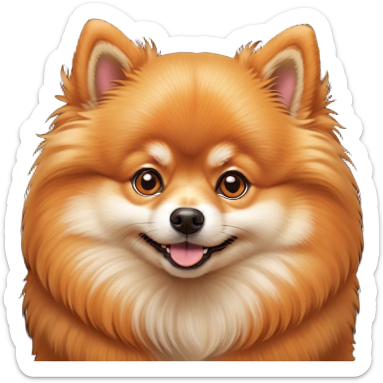 Cinematic Cute Orange Pomeranian Portrait Emoji, Head tilted playfully and inquisitively, featuring a luscious, fluffy orange Fur with a natural sheen, round, sparkling brown eyes filled with curiosity, Simplified yet irresistibly adorable features, highly detailed, glowing with a warm, friendly glow, high shine, affectionate and lively, stylized with a touch of whimsy, bright and endearing, soft glowing outline, capturing the essence of a mischievous yet loving pup, so playful it feels like it could scamper out of the screen and into your arms! sticker