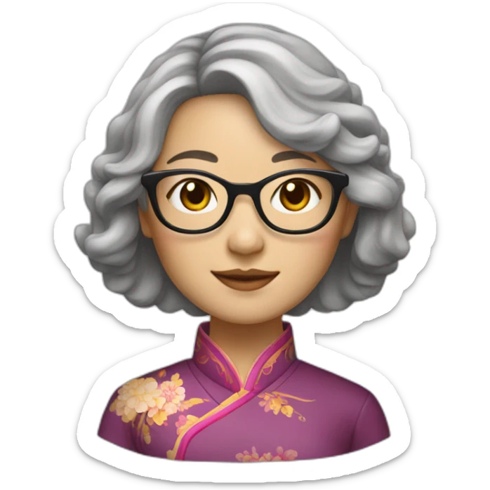 Chinese lady with shoulder length very lightly grey waves hair wear glasses with Chinese dress sticker