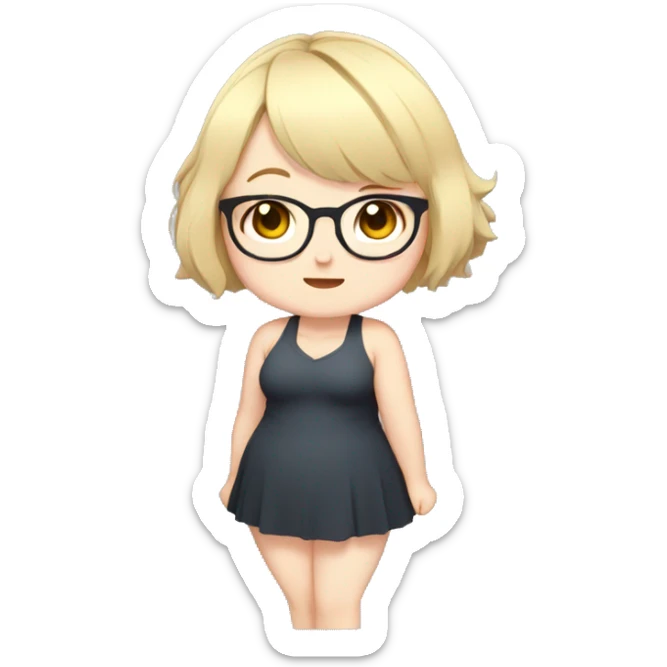 Chubby anime girl with glasses and short blond hair, full body wearing cute dress sticker