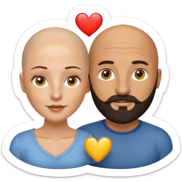 Couple. Bald man with dark brown-black beard. White woman with many small, faded freckles, white skin and she has auburn-yellow-brown-caramel, dark hair. She has light yellow-brown eyes. The man have hazel eyes. They are inside a big heart. sticker