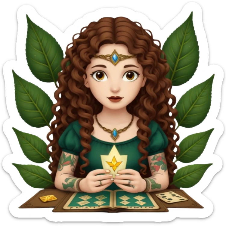woman with long curly brown hair, brown eyes, white skin, tattoos, reading tarot cards made of leaves  sticker