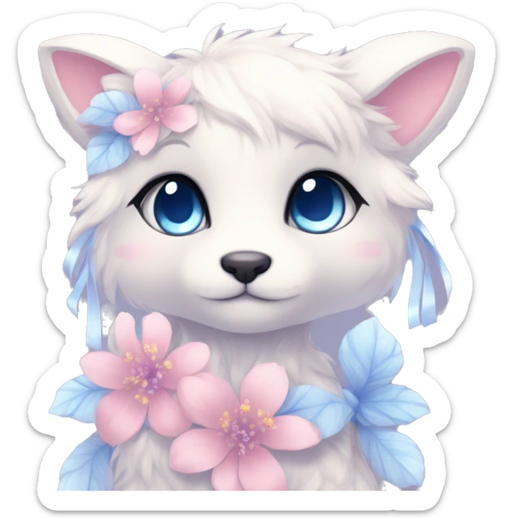 Anthro Cute Cool Blushing Pastel Innocent Shy Kawaii gorgeous sparkly ethereal fantasy anime animal creature with blue eyes furry sona with flowers and ribbons beautiful aesthetic sticker