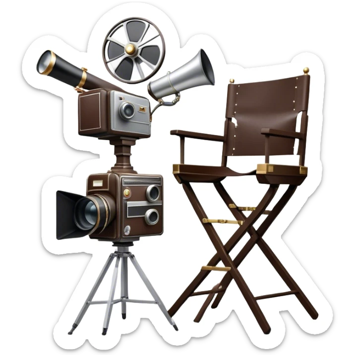 Icon for Directing: a director's chair, a large film camera, a megaphone, a stage set with lights and an Oscar statuette. The icon should represent the creative and leadership aspects of directing, with focus on film and theater production. Transparent background. sticker