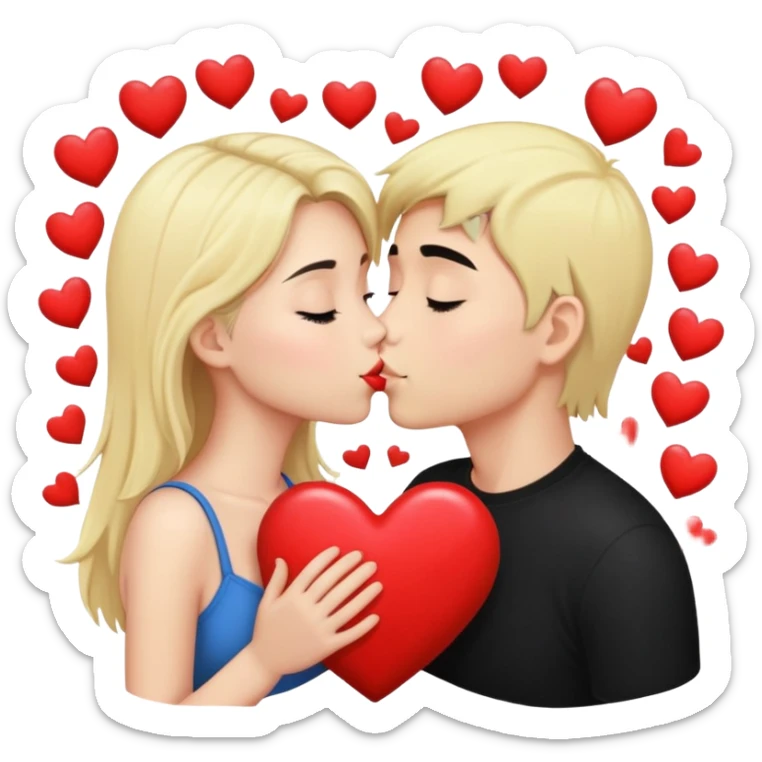 Couple of blonde girl and boy with black hair and fair skin is kissing with a lot of hearts around them sticker