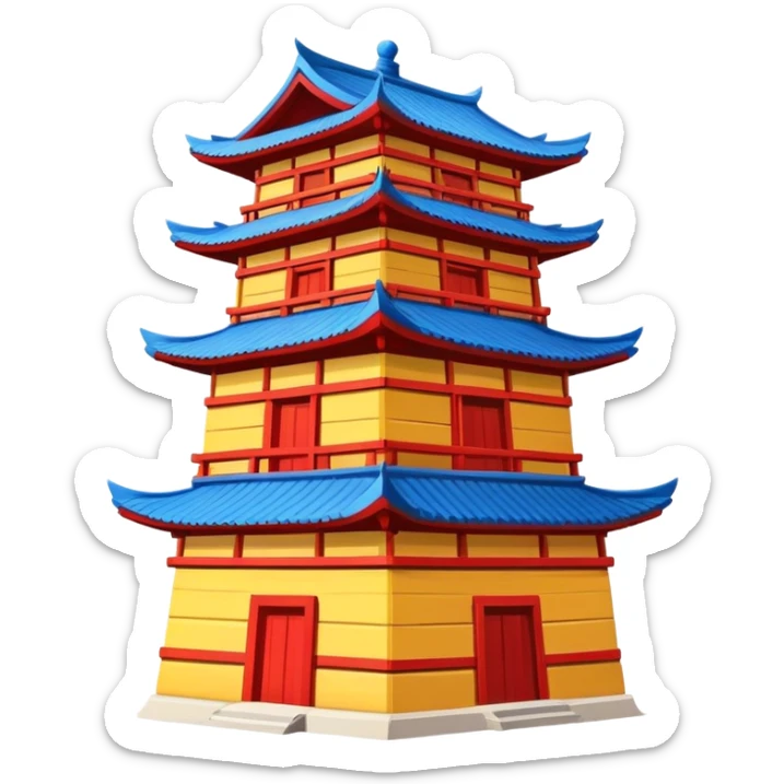 Dong minority drum tower wooden building, simplified emoji style with bold outlines and bright colors, cartoon style traditional wooden tower sticker