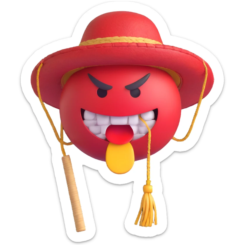 red angry emoji with grinding teeth, steam coming out of ears and nose, noose in the background, punching air, wearing a Chinese straw hat sticker