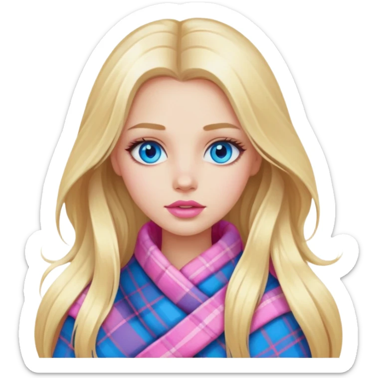 A beautiful blonde girl with long hair, blue eyes, pink lips is wrapped in a plaid sticker