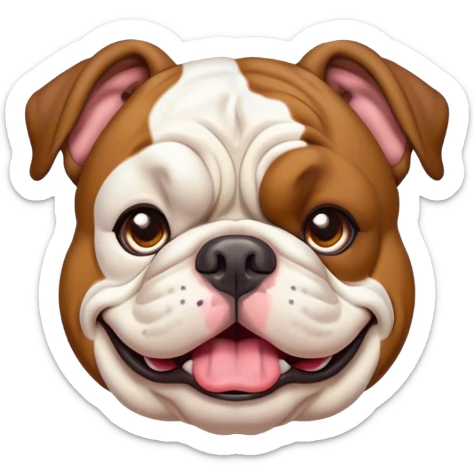 Cinematic Comical Brown and White English Bulldog Portrait Emoji, Head tilted dramatically with an exaggeratedly amused expression, featuring a striking brown and white coat with a bold pattern, wide, expressive brown eyes filled with playful disbelief, Simplified yet hilariously expressive features, highly detailed, glowing with a slightly sassy glow, high shine, dramatic yet playful, stylized with an air of cheeky defiance, bright and endearing, soft glowing outline, capturing the essence of a spirited and over-the-top guardian, so meme-worthy it feels like it could side-eye its way into internet fame instantly! sticker