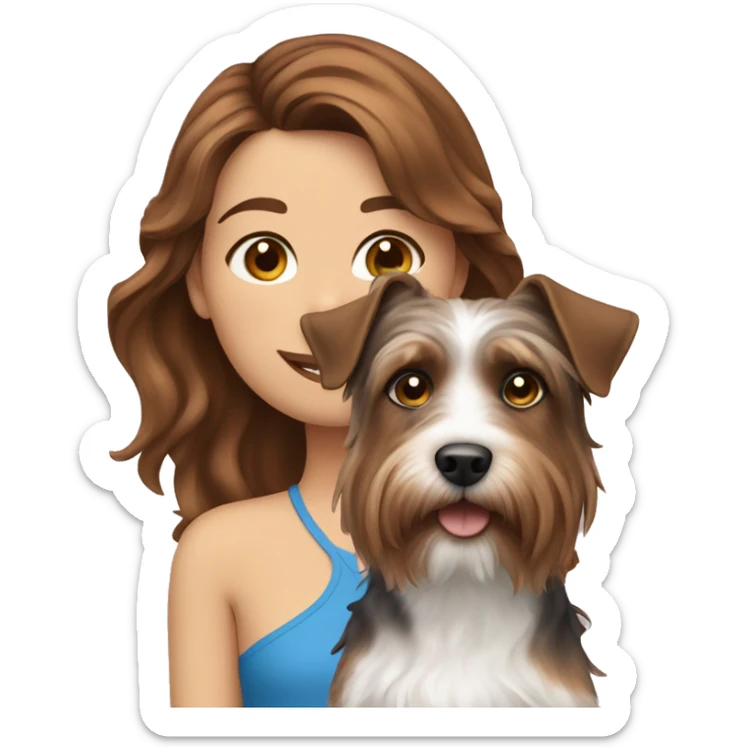  A girl with brown wavy hair and blue eyes and a dog York terrier sticker