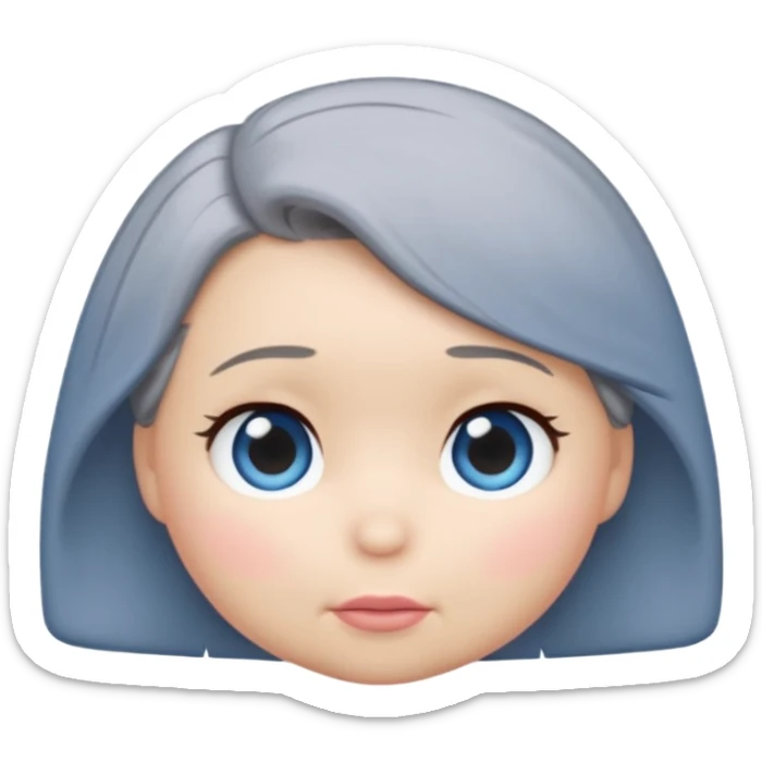 female tsum tsum plush, blue eyes, grey 1940s bob hair, no body, no mouth, emoji style sticker