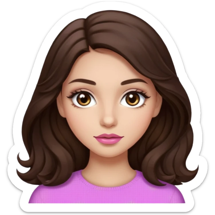 girl with wavy long dark brown hair, brown eyes, light to medium complexion, long lashes, almond shaped eyes, light pink lipstick sticker